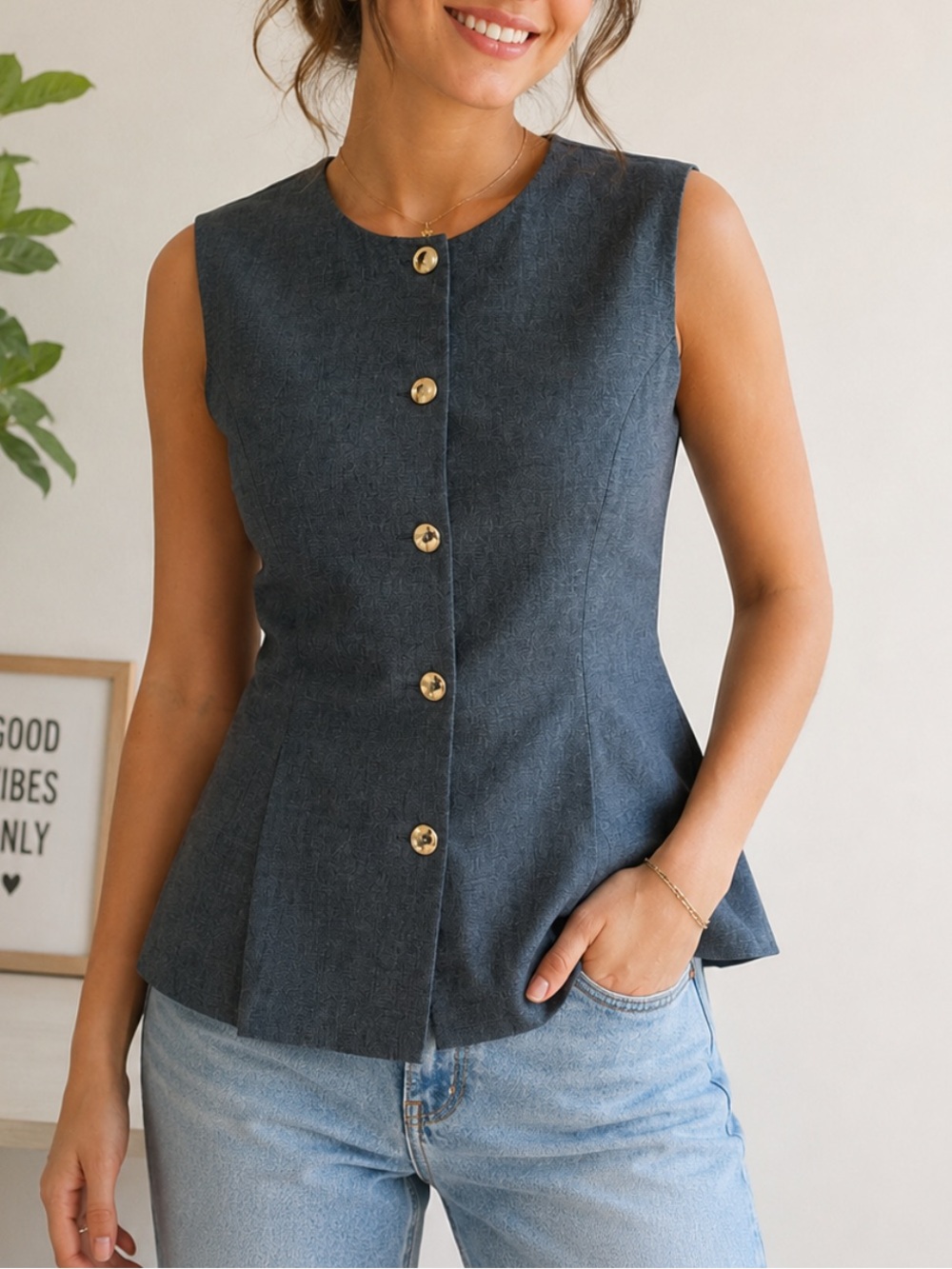 Zara Dark Gray Sleeveless Button-Front Peplum Top